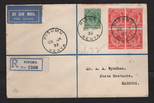 Lot 105 (C) Kenya & Uganda SG#78, 82 5c - 15c Green - Rose Carmine King George V, 1922-1927 KGV Keyplates, A Very Fine Used Cover, Franked With Block of 4 & Single, Jan 25 1932 Registered Airmail Cover, From Kisurnu To Nairobi.