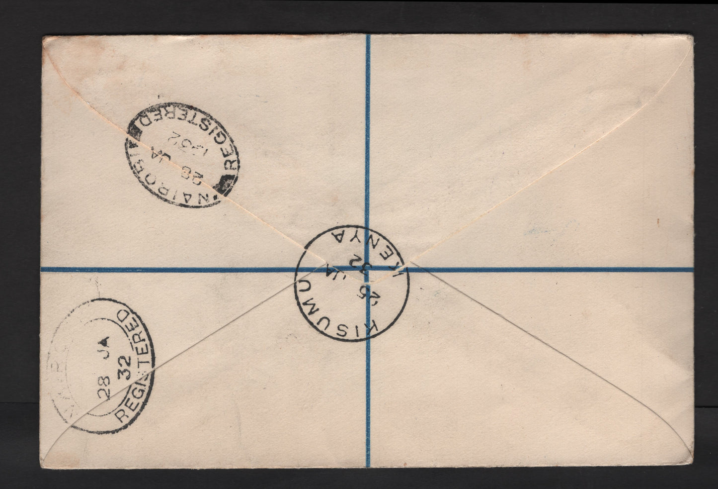 Lot 105 (C) Kenya & Uganda SG#78, 82 5c - 15c Green - Rose Carmine King George V, 1922-1927 KGV Keyplates, A Very Fine Used Cover, Franked With Block of 4 & Single, Jan 25 1932 Registered Airmail Cover, From Kisurnu To Nairobi.