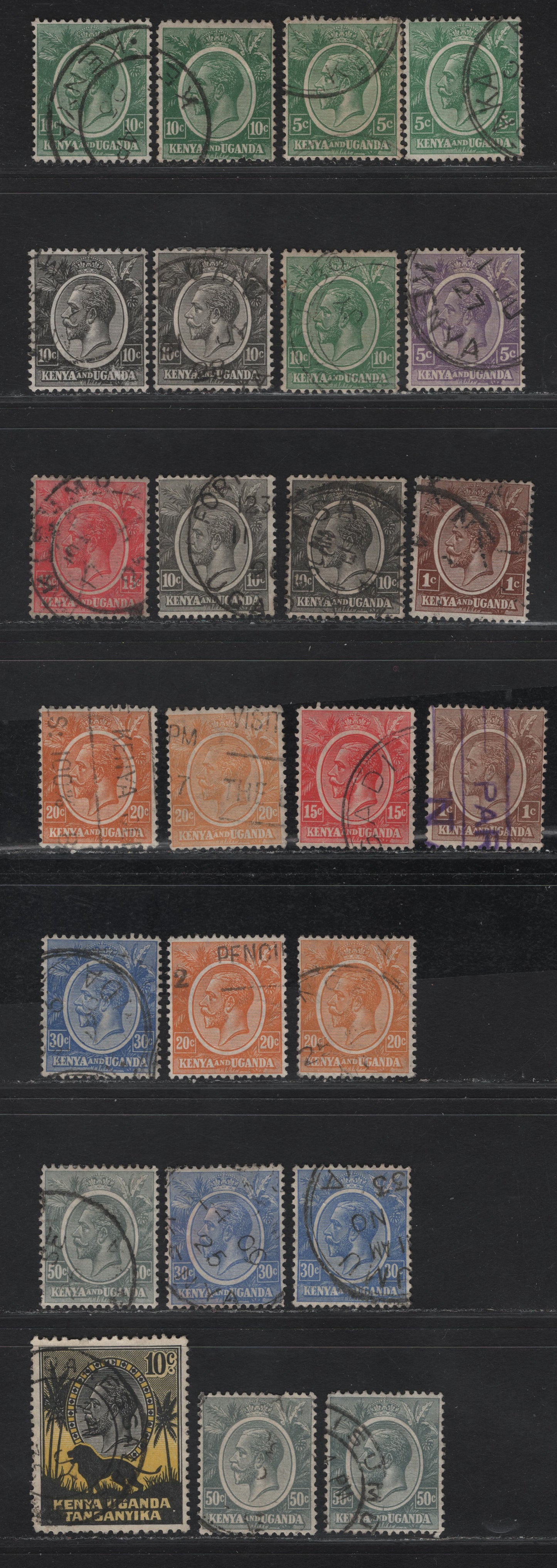 Lot 106 KUT SG#76-a, 77-79, 80, 82-83a, 84-85, 112 1c - 50c Pale Brown - Gray King George V, 1922-1935 KGV Keyplates, 25 Fine/Very Fine Used Singles, Script CA Wmk, Additional Shades