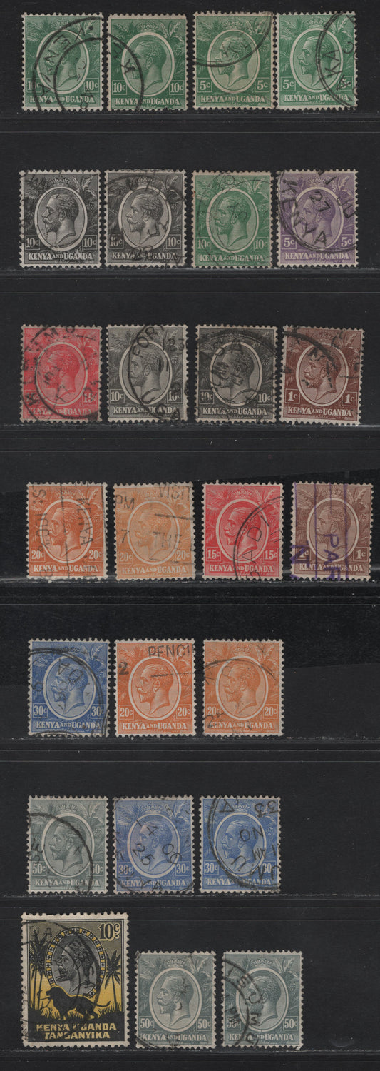 Lot 106 KUT SG#76-a, 77-79, 80, 82-83a, 84-85, 112 1c - 50c Pale Brown - Gray King George V, 1922-1935 KGV Keyplates, 25 Fine/Very Fine Used Singles, Script CA Wmk, Additional Shades