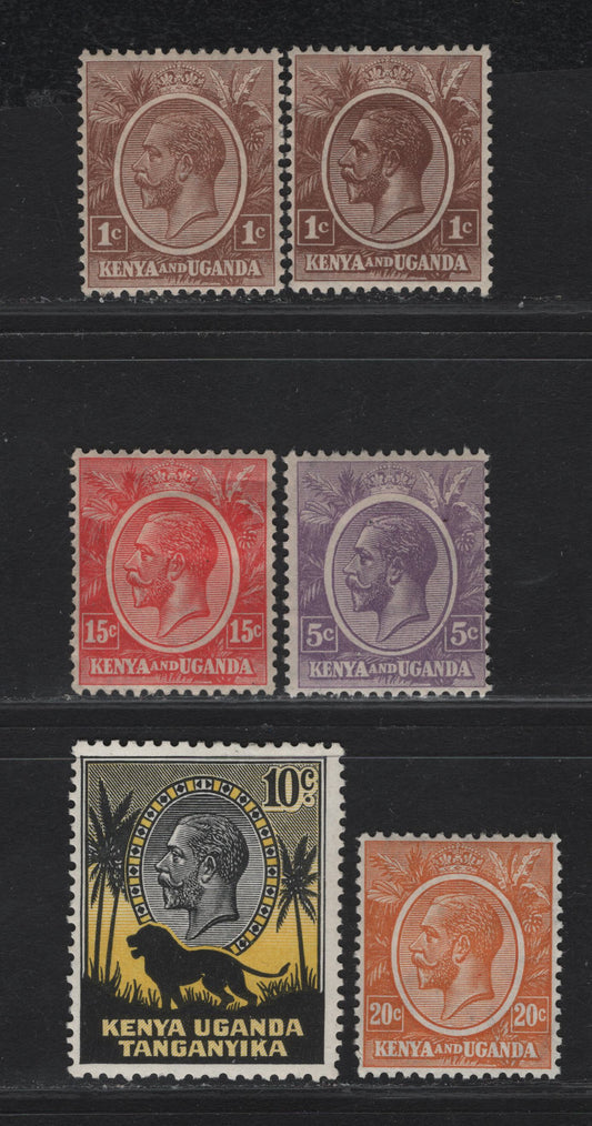 Lot 107 KUT SG#76-a, 77, 82, 83a, 112 1c - 10c Pale Brwn- Black & Yellow King George V, 1922-1927 KGV Keyplates, 6 F/VFOG Singles, Script CA Wmk