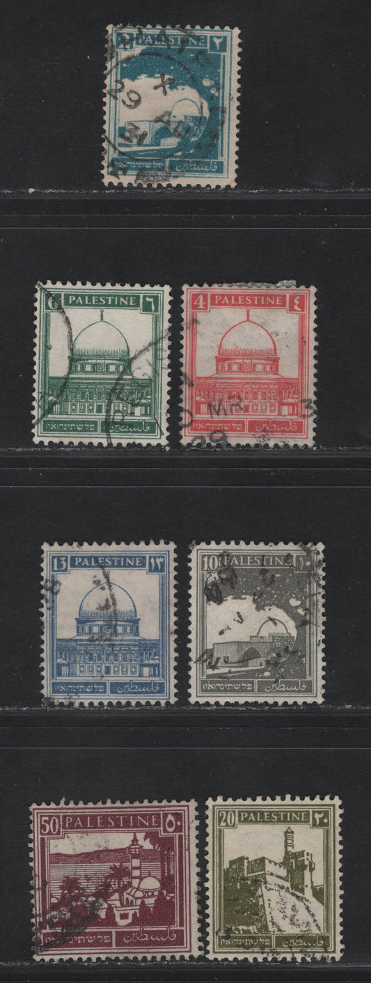 Lot 120 Palestine SG#90, 92, 94a, 98-100 2m - 50m Greenish Blue - Purple Rachels Tomb - Sea of Galilee, 1927-1945 Pictorial Issue, 7 Fine/Very Fine Used Singles, Original 1927 Printings On Thin, Semi-Transparent Paper, Footnoted In Gibbons