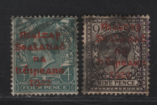 Lot 12 (C) Ireland SG#6b, 8b 4d - 9d Gray Green - Agate King George V, 1922 KGV Profile Heads Issue, 2 Fine Used Singles, Smudgy Parcel Cancels, Red Dollard Overprints