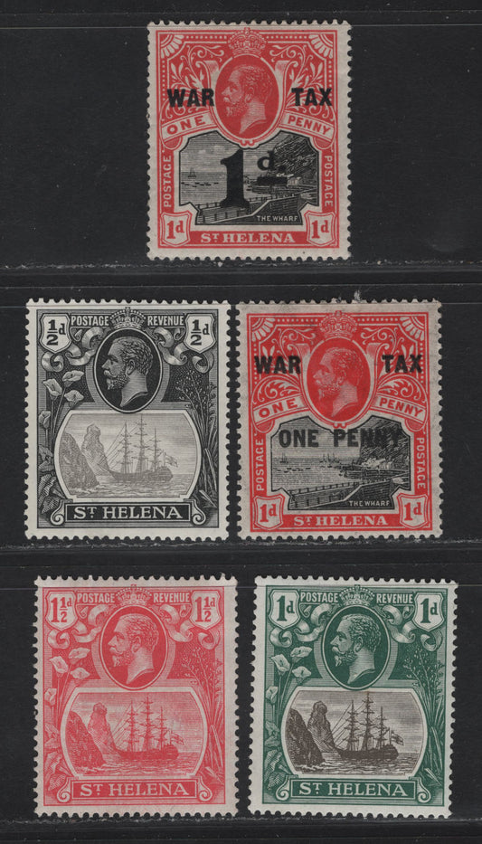 Lot 124 (C) St Helena SG#87-88, 97-99 1d - 1.5d Black & Scarlet - Rose Red Wharf - Badge of the Colony, 1916-1937 Wharf Keyplates, War Tax Surcharged & Badge of the Colony Keyplates, 5 F/VFOG Singles
