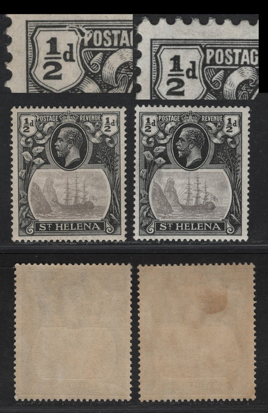 Lot 125 St Helena SG#97e 1/2d Gray & Black Badge of the Colony, 1922-1937 Badge of the Colony Keyplates, 2 F/VFOG Singles, Damaged Value Tablet With Normal to Compare