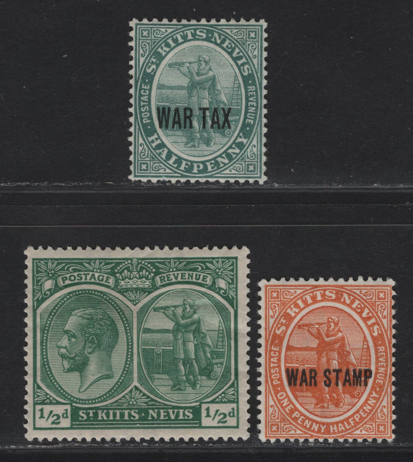 Lot 126 St Kitts Nevis SG#22-24 1/2d - 1.5d Blue - Orange King George V, 1916-1922 War Tax Overprints - KGV Badge of the Colony Issues, 3 F/VFOG Singles, Multiple Crown CA Wmk