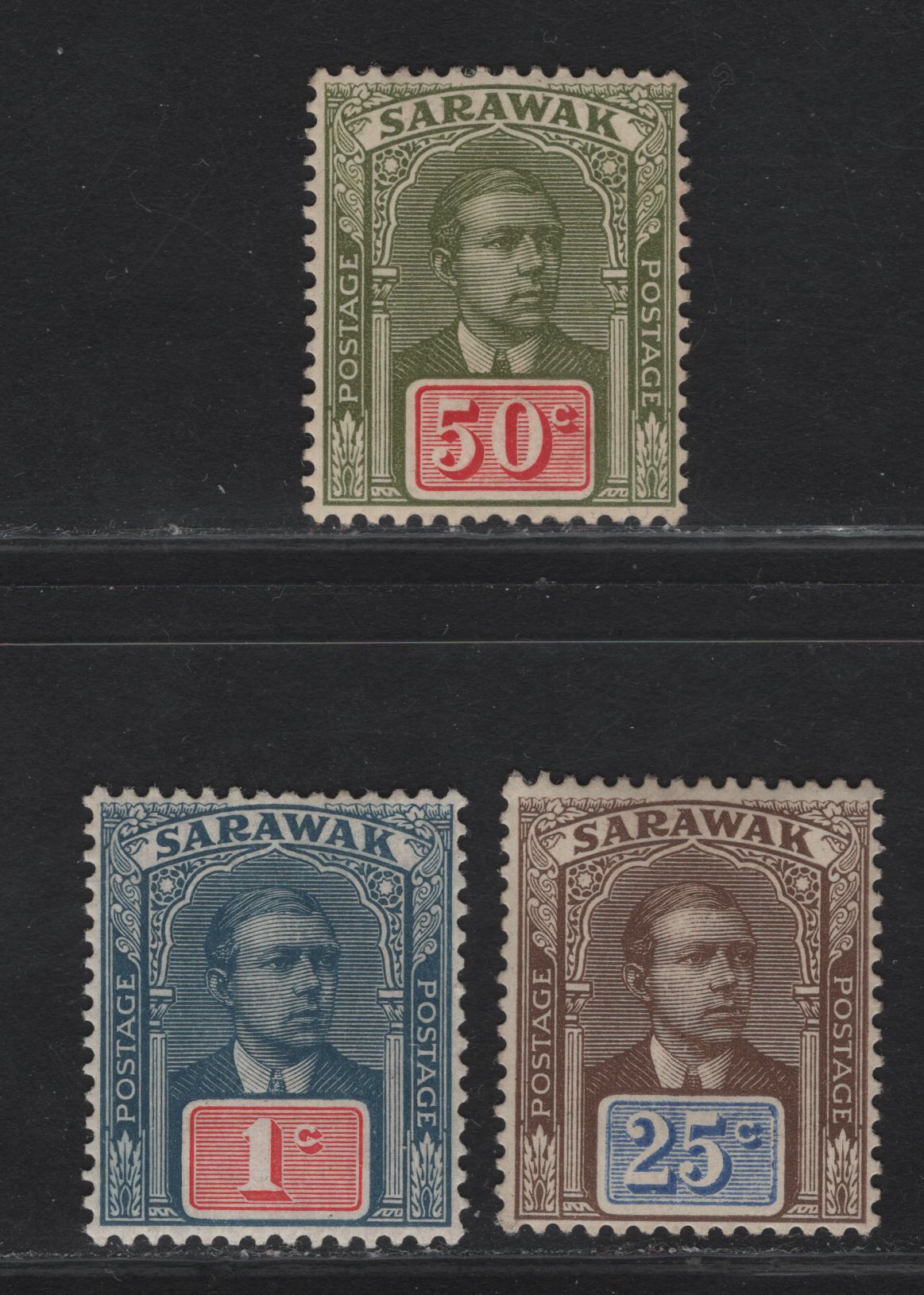 Lot 128 (C) Sarawak SG#50a, 59-60 1c - 50c Dull Blue & Carmine - Olive Green & Carmine Sir Charles Vyner Brooke, 1918 Sir Charles Vyner Brooke Issue, 3 VFOG Singles, Without Watermark