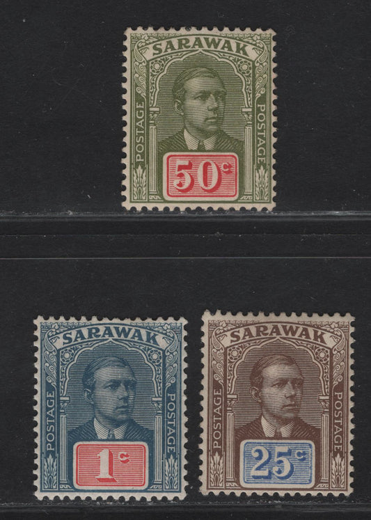 Lot 128 (C) Sarawak SG#50a, 59-60 1c - 50c Dull Blue & Carmine - Olive Green & Carmine Sir Charles Vyner Brooke, 1918 Sir Charles Vyner Brooke Issue, 3 VFOG Singles, Without Watermark