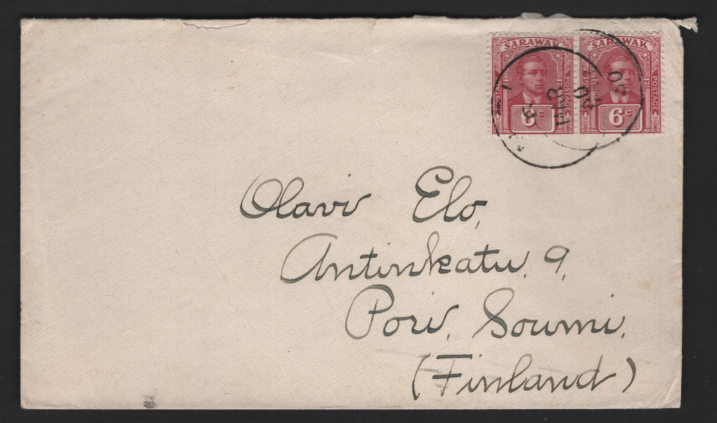 Lot 129 Sarawak SG#81 6c Claret Sir Charles Vyner Brooke, 1930 Sir Charles Vyner Brooke Issue, A Very Fine Used Pair On Cover, No Receiving Backstamp, To Finland, 11018.