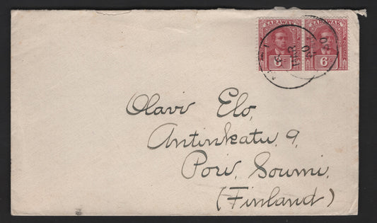 Lot 129 Sarawak SG#81 6c Claret Sir Charles Vyner Brooke, 1930 Sir Charles Vyner Brooke Issue, A Very Fine Used Pair On Cover, No Receiving Backstamp, To Finland, 11018.