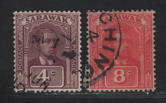 Lot 130 (C) Sarawak SG#79, 82 4c - 8c Brown Purple - Bright Rose Red Sir Charles Vyner Brooke, 1928-1929 Sir Charles Vyner Brooke Issue, 2 Fine/Very Fine Used Singles, Multiple Rosettes Wmk