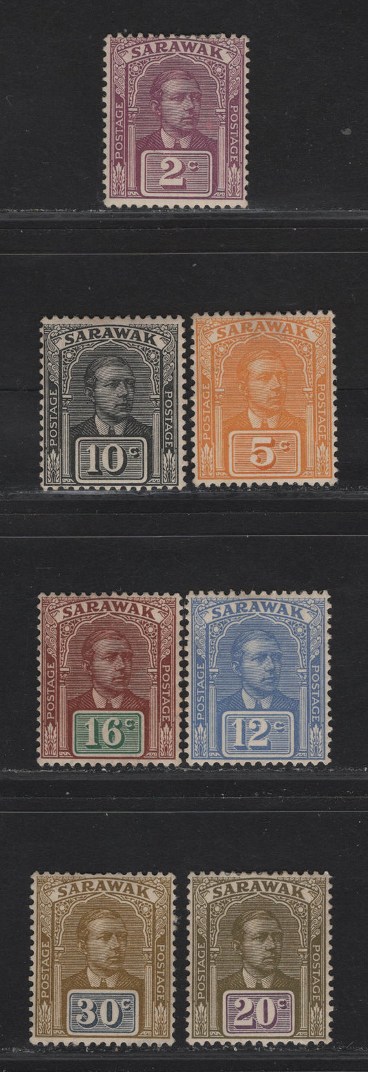 Lot 132 (C) Sarawak SG#77, 80, 83-86, 88 2c - 30c Bright Purple - Bistre Brown & Slate Sir Charles Vyner Brooke, 1928-1929 Sir Charles Vyner Brooke Issue, 7 F/VFOG Singles, Multiple Rosettes Wmk