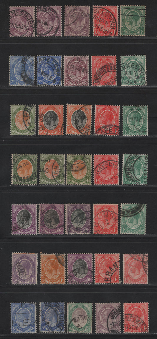 Lot 133 South Africa SG#3,b,c, 4-b, 6-a, 7-a 1/2d - 2/6 Green - Purple & Green King George V, 1913-1924 KGV Keyplates, 35 Fine/Very Fine Used Singles, All Listed Shades, Additional Unlisted Shades