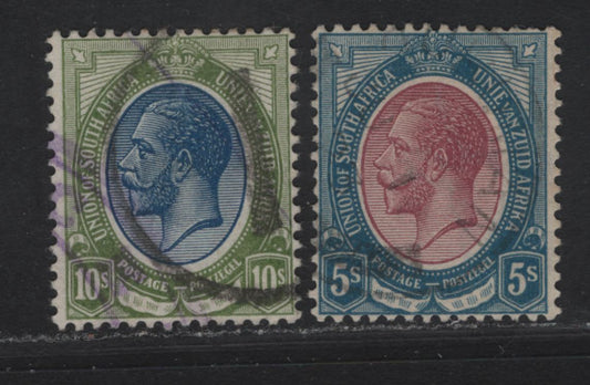 Lot 135 South Africa SG#15-16 5/- - 10/- Purple & Blue - Deep Blue & Olive Green King George V, 1913-1924 KGV Keyplates, 2 Fine Used Singles