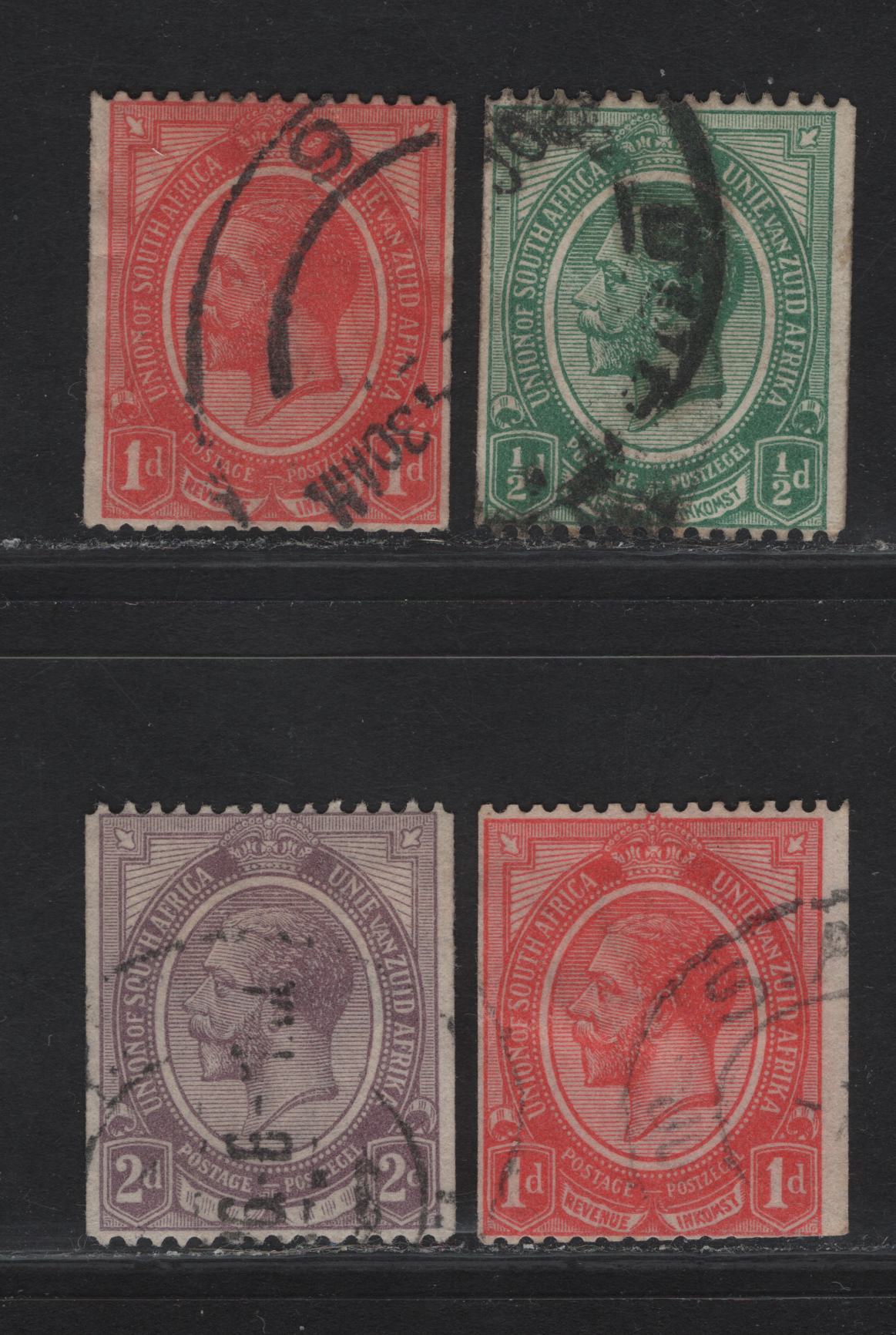Lot 136 South Africa SG#18-19a, 21 1/2d - 2d Green - Purple King George V, 1913-1924 KGV Keyplates, 4 Fine Used Coil Singles, Includes Both Rose Red & Scarlet Shades