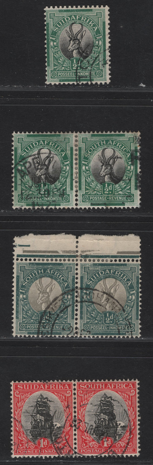 Lot 137 (C) South Africa SG#30, 30ew, 31 1/2d - 1d Black & Green - Black & Carmine Springbok & Van Reebecks Ship, 1926-1927 Pictorial Issue, 4 Fine/Very Fine Used Pairs & Single, Surface Printed, Perfs 14.5x14 & 13.5x14 (Single)