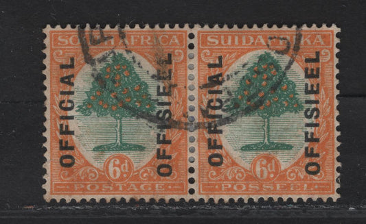 Lot 138 (C) South Africa SG#O6 6d Green & Orange Springbok, Ship & Orange Tree, 1928-1930 Official Overprinted Issue, A Very Fine Used Pair, Surface Printed