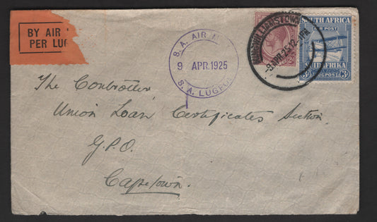 Lot 141 (C) South Africa SG#6, 27 2d - 3d Dull Purple & Ultramarine King George V & Airplane, 1913-1925 KGV Keyplate & Airmail Issues, A Fine Used Cover, Franked With 2 Singles, April 1925 Local Cover To Capetown, Vertical Filefold