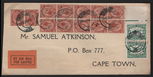 Lot 142 (C) South Africa SG#5a, 40 1.5d - 4d Chestnut - Green King George V & Airplane, 1913-1929 KGV Pictorial & Airmail Issues, A Very Fine Used Cover, Over-Franked With Tete-Bech Pairs & Vertical Pair
