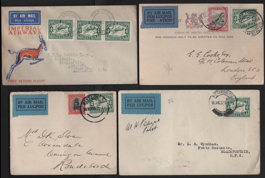 Lot 144 (C) South Africa SG#31, 40, 51 1d - 4d Black & Carmine - Green Van Reebecks Ship - The Great Trek, 1926-1936 Pictorial & Airmail Issues, 4 Very Fine Used Covers, Franked With Combinations From These Issues