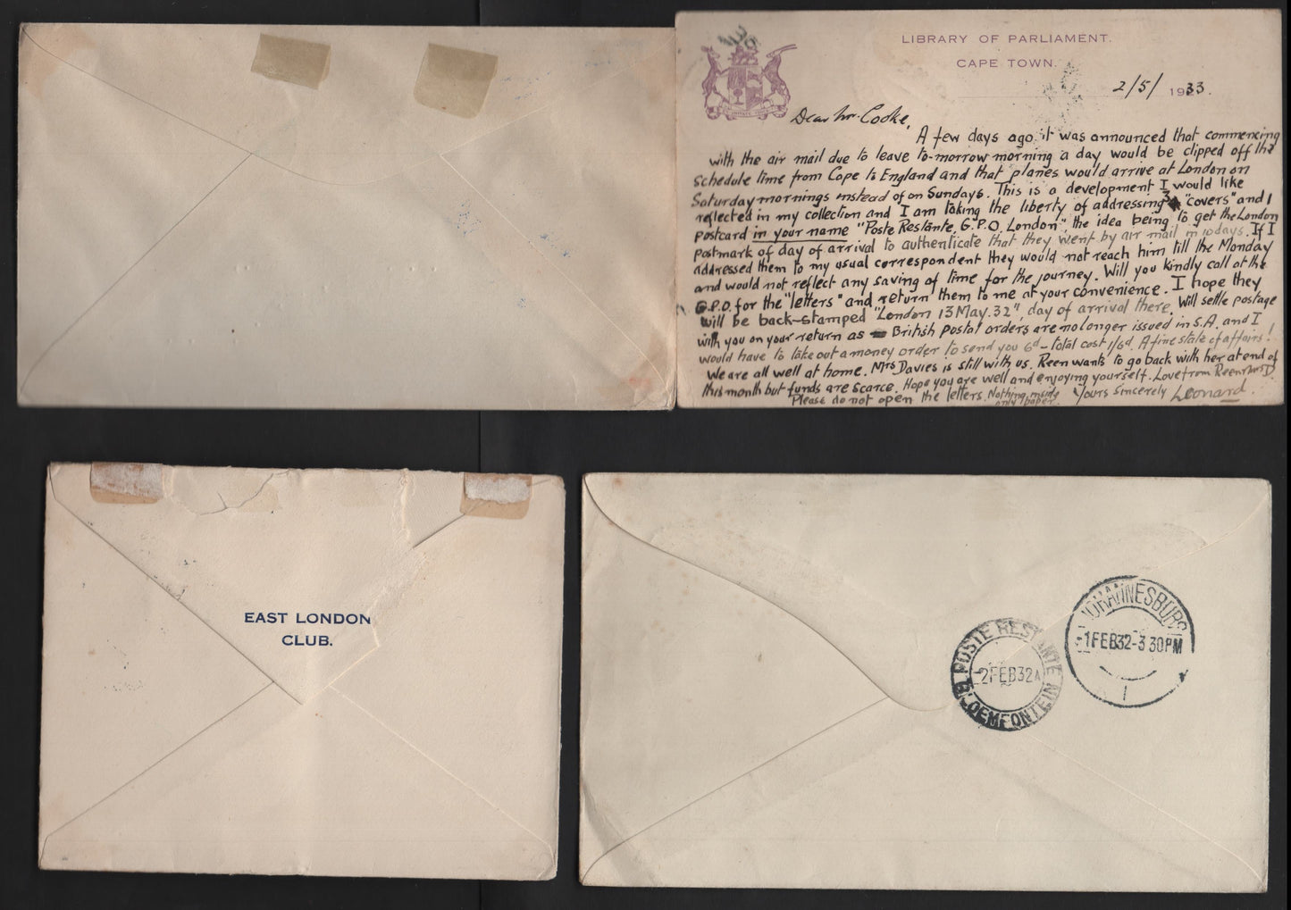 Lot 144 (C) South Africa SG#31, 40, 51 1d - 4d Black & Carmine - Green Van Reebecks Ship - The Great Trek, 1926-1936 Pictorial & Airmail Issues, 4 Very Fine Used Covers, Franked With Combinations From These Issues