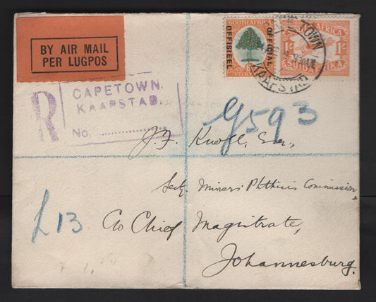 Lot 146 (C) South Africa SG#O9, 41 1/- Orange - Orange & Green Orange Tree - Airmail, 1929 Pictorial - Airmail Issues, A Very Fine Used Cover, Franked With 2 Singles, Local Registered Airmail Cover to Johannesburg Chief Magistrate