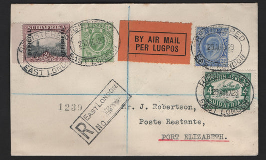 Lot 147 (C) South Africa SG#O5, 40, 148, 276 1/2d - 4d Green - Dark Green, 1905-1929 King Edward VII Keyplates - Airplane Issues, A Very Fine Used Cover, Featuring Long Obsolete Edward VII Keyplates, Post Union Official & Airmail Issues