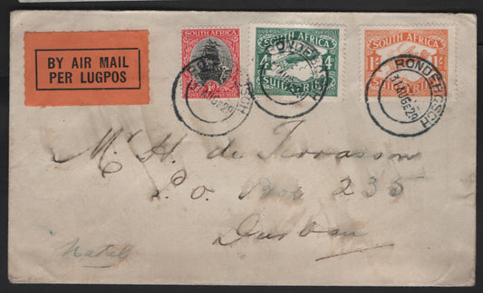 Lot 148 (C) South Africa SG#31, 40-41 1d - 1/- Black & Carmine - Orange Van Reebecks Ship - Airplane, 1926-1929 Pictorial & Airmail Issues, A Very Fine Used Cover, Franked With 3 Singles, Combination Usage, August 1929 Airmail Cover to Durban, Natal.