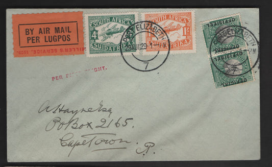 Lot 149 (C) South Africa SG#O7, 40-41 1/2d - 1/- Black & Green - Orange Springbok - Airplane, 1926-1929 Pictorial & Airmail Issues, A Very Fine Used Cover, Franked With 4 Singles, Philatelic First Flight Cover From Port Elizabeth To Capetown