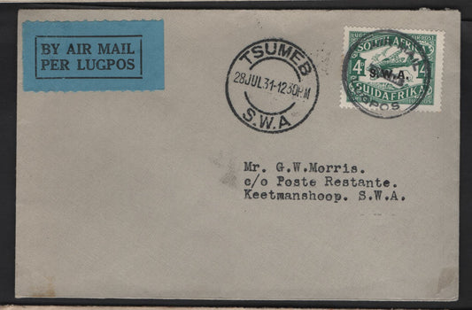 Lot 151 (C) South West Africa SG#72 4d Green Airplane, 1929 Airmail Issue, A Very Fine Used Cover, Later Printing From 1930, Local Airmail Cover Sent On July 28 1931