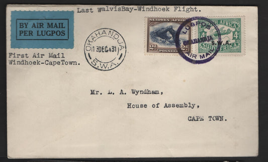 Lot 152 (C) South West Africa SG#72, 76 2d - 4d Blue & Brown - Green Bogenfels - Airmail, 1929 Airmail Issue, A Very Fine Used Cover, Last Flight Cover Sent From Okahandja To Capetown Via Windboeh