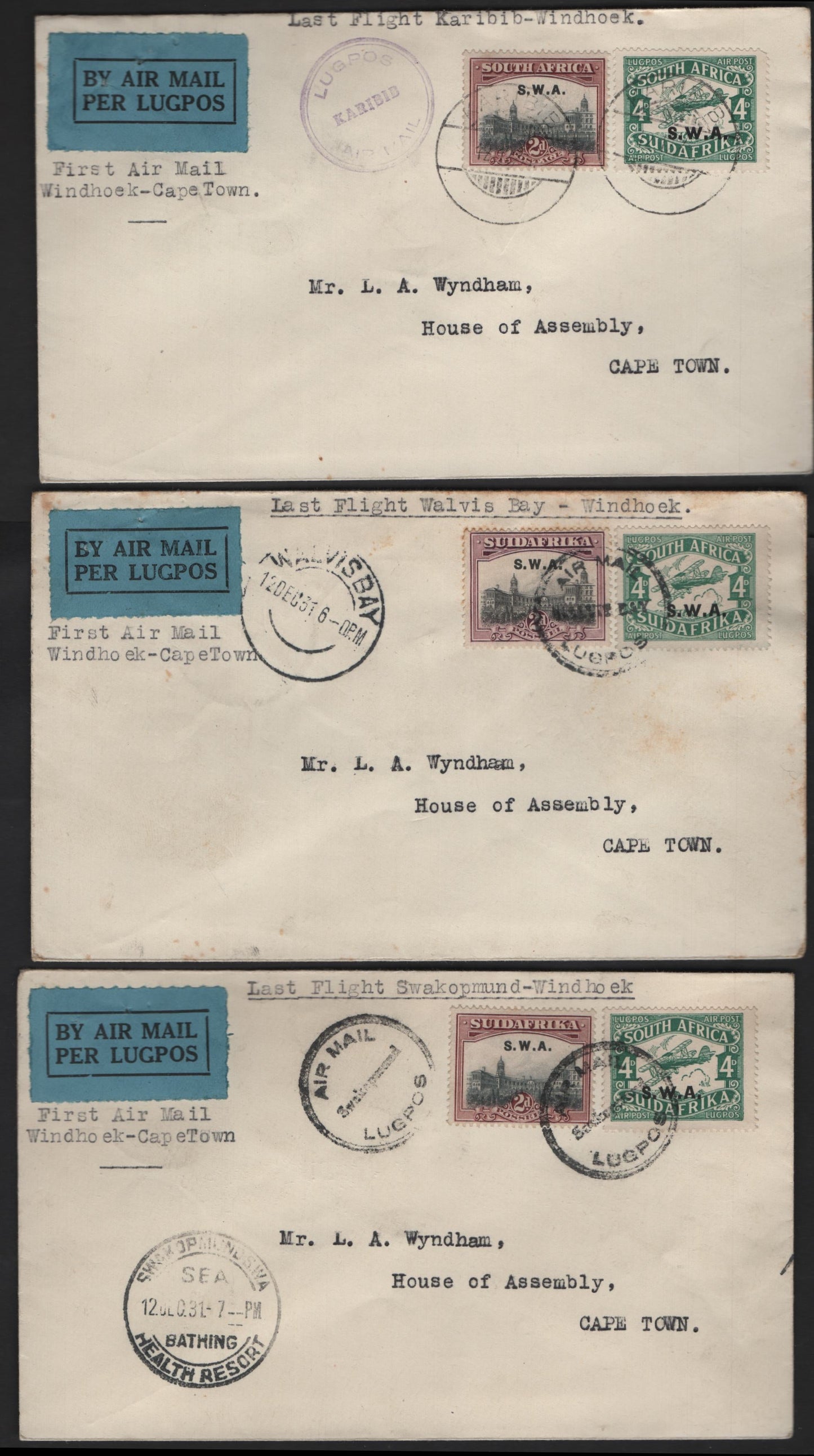 Lot 153 (C) South West Africa SG#60, 72 2d - 4d Gray & Maroon - Green Union Buildings - Airmail, 1927-1930 Pictorial - Airmail Issues, 3 Very Fine Used Covers, Combination Usage On 3 Last Flight Covers to Cape Town