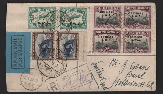 Lot 154 (C) South West Africa SG#O11, 72, 76 4d - 2d Green - Gray & Maroon 1927-1930 Pictorial - Airmail Issues, A Very Fine Used Cover, Franked With Pairs & Blocks Of 4, January 1932 Commercial Airmail Cover To Switzerland From Windboek