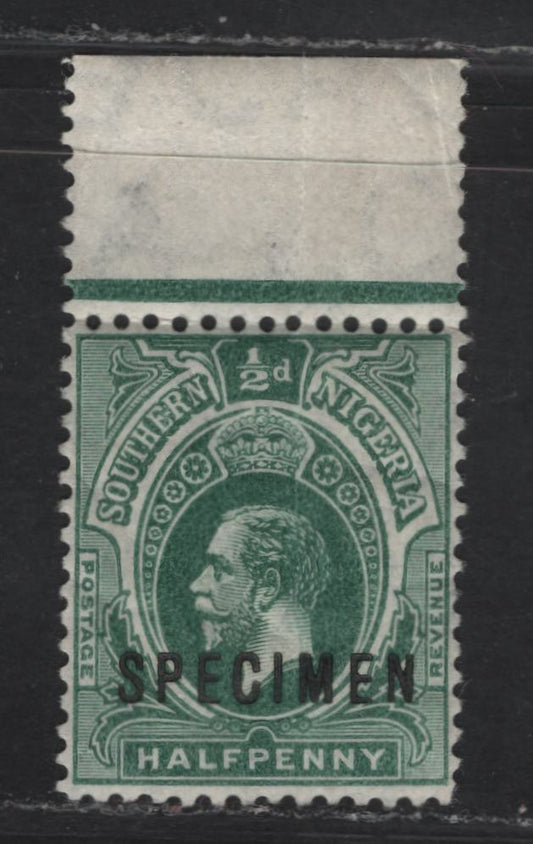 Lot 155 Southern Nigeria SG#45s 1/2d Green King George V, 1912 KGV Keyplate Issue, A Fine Unused Single, Specimen Overprint, Part OG & Vertical Gum Crease, Scarce, As Fewer Than 400 Likely Issued.