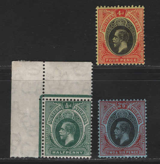 Lot 156 Southern Nigeria SG#45, 50, 53 1/2d - 2/6 Deep Green - Black & Red on Blue King George V, 1912 KGV Keyplate Issue, 3 FNH Singles