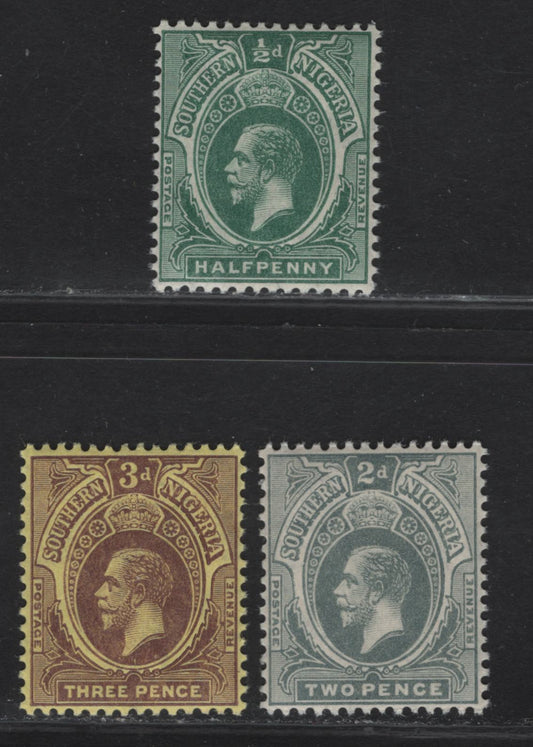 Lot 157 Southern Nigeria SG#45, 47, 49 1/2d - 3d Green - Brown on Yellow King George V, 1912 KGV Keyplate Issue, 3 VFNH Singles