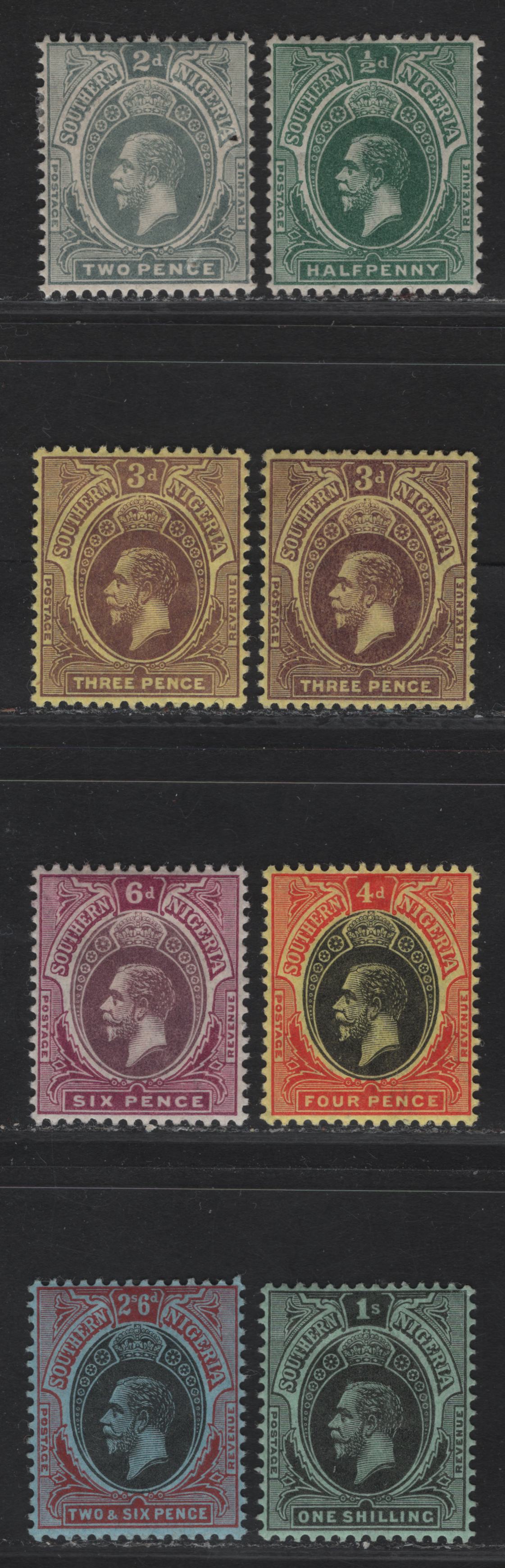 Lot 159 Southern Nigeria SG#45-53 1/2d - 2/6 Green -Black & Red on Blue King George V, 1912 KGV Keyplate Issue, 9 VFOG Singles