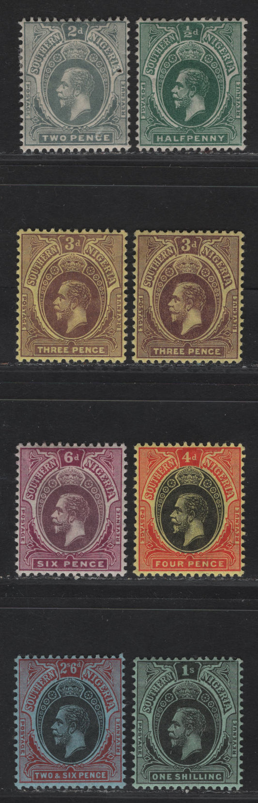Lot 159 Southern Nigeria SG#45-53 1/2d - 2/6 Green -Black & Red on Blue King George V, 1912 KGV Keyplate Issue, 9 VFOG Singles