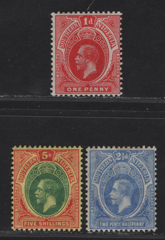 Lot 160 Southern Nigeria SG#46, 48, 54 1d - 5/- Red - Green & Red on Yellow King George V, 1912 KGV Keyplate Issue, 3 FOG Singles