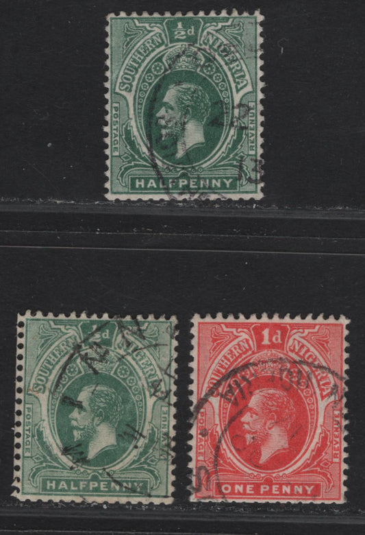 Lot 161 Southern Nigeria SG#45-46var 1/2d - 1d Green - Red King George V, 1912 KGV Keyplate Issue, 3 Very Fine Used Singles