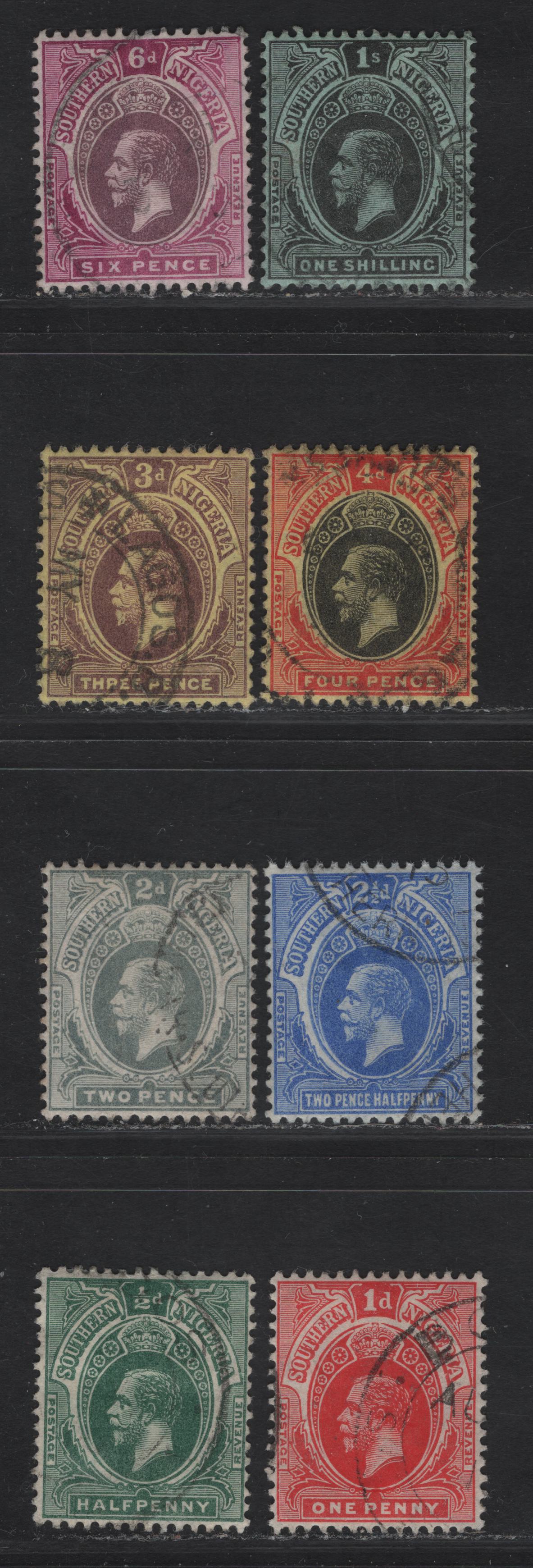 Lot 162 Southern Nigeria SG#45-52 1/2d - 1/- Green - Black on Green King George V, 1912 KGV Keyplate Issue, 8 Very Fine Used Singles