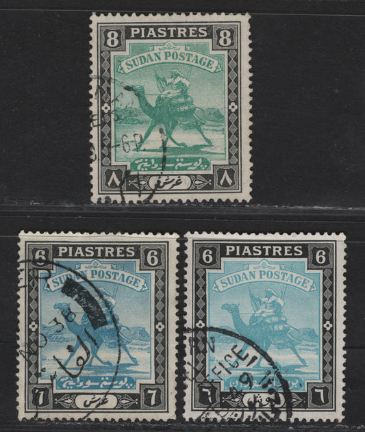 Lot 180 Sudan SG#45b, 45c 6p - 8p Greenish Blue & Black - Blue Green & Black Arab Postman, 1927-1941 Arab Postman Keyplates, 3 Very Fine Used Singles, Chalky Paper, Multiple SG Wmk