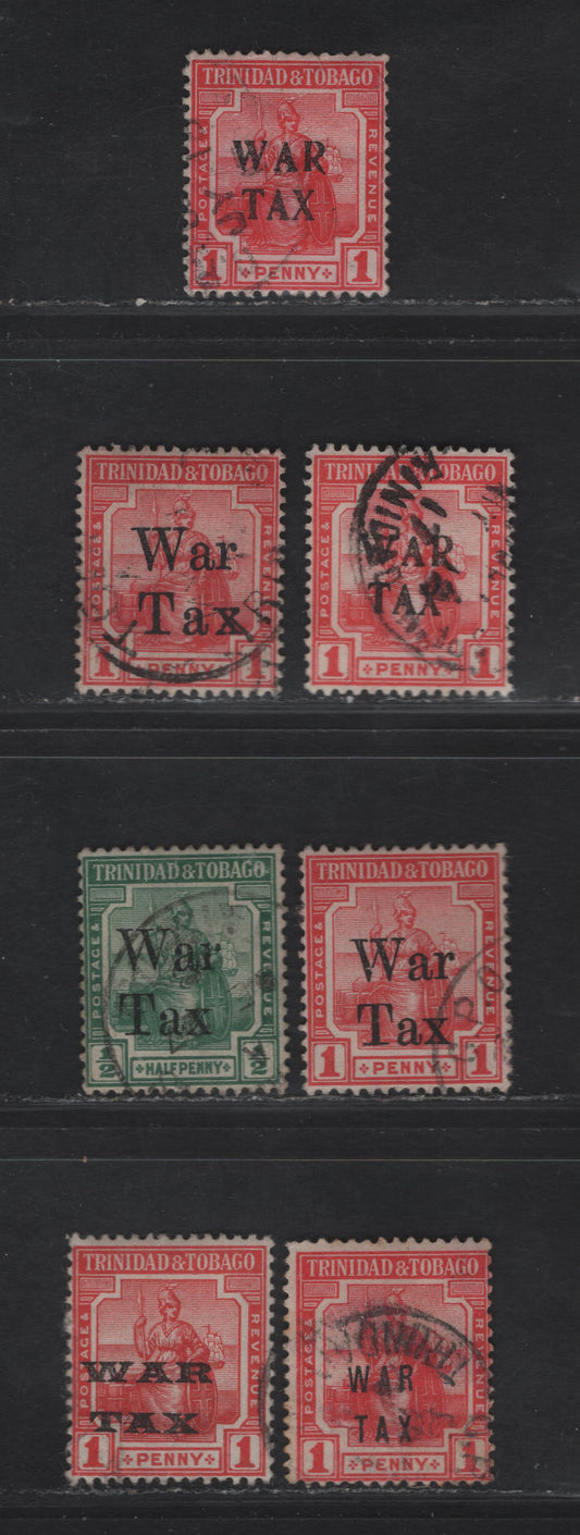 Lot 182 Trinidad & Tobago SG#178b,189, 188, 187, 185, 186, 178 1d - 2.5d Scarlet - Green Britannia, 1917-1918 War Tax Overprints, 7 Fine/Very Fine Used Singles , ,