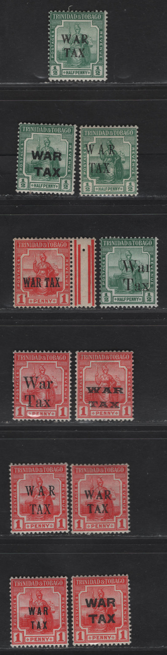Lot 183 (C) Trinidad & Tobago SG#176b, 177-182, 185-188 1/2d - 1d Green - Rose Red Britannia, 1917-1918 War Tax Overprints, 11 F/VFOG Singles , ,