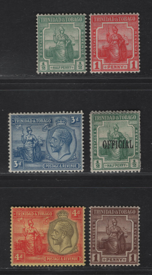Lot 184 (C) Trinidad & Tobago SG#150, 206, 208, 216, 223, O14-O15 1d - 1/2d Red - Green Britannia - King George V, 1913-1923 Britannia - KGV Keyplates, 7 F/VFOG Singles, O15 Has A Vertical Gum Crease