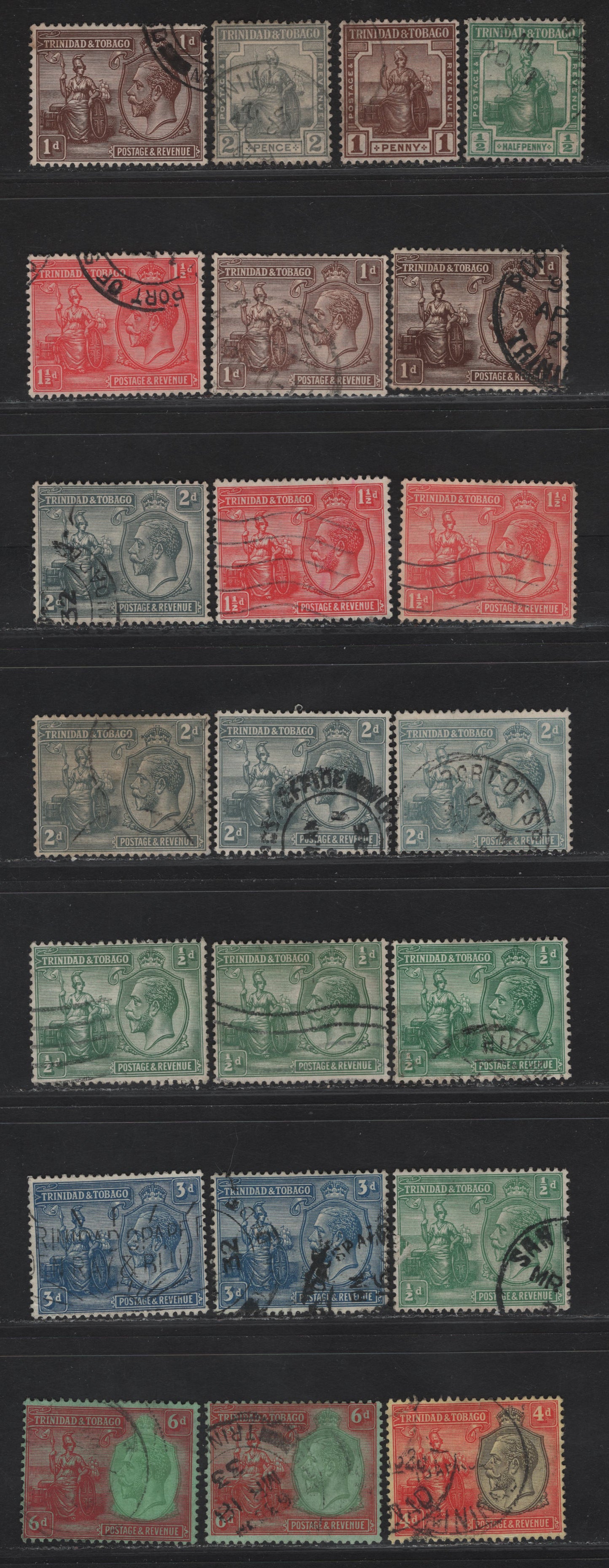 Lot 185 Trinidad & Tobago SG#206, 208-209, 218-225 1/2d - 6d Green -Green & Carmine on Emerald Britannia - King George V, 1913-1928 Britannia - KGV Keyplates, 22 Fine/Very Fine Used Singles, Includes Many Unlisted Shades