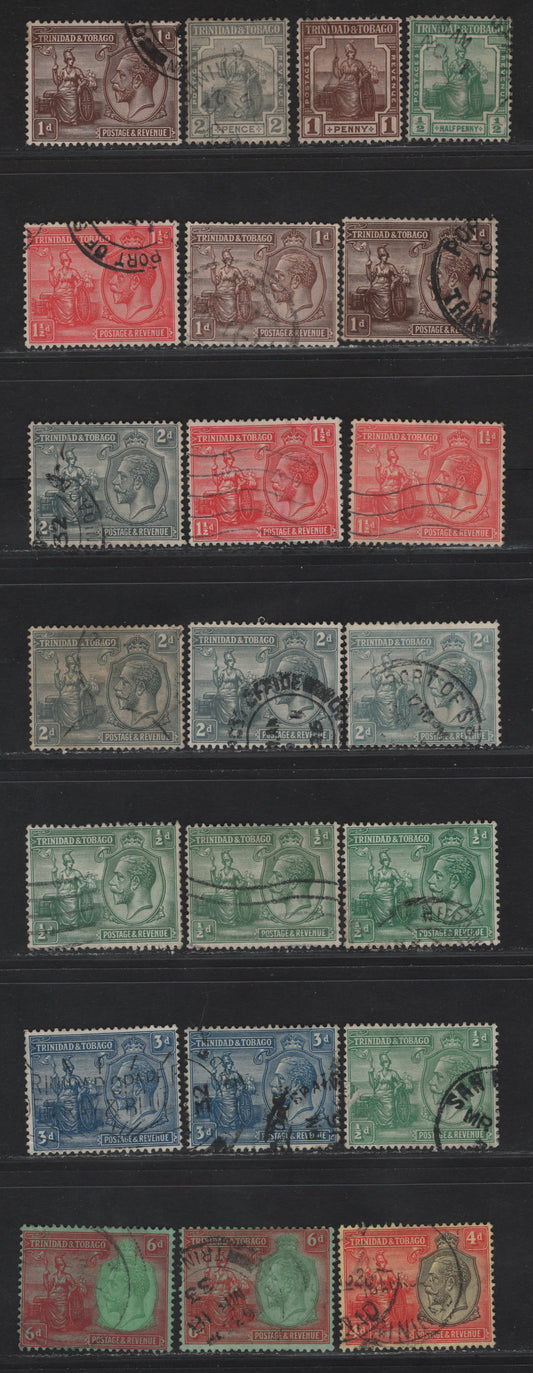 Lot 185 Trinidad & Tobago SG#206, 208-209, 218-225 1/2d - 6d Green -Green & Carmine on Emerald Britannia - King George V, 1913-1928 Britannia - KGV Keyplates, 22 Fine/Very Fine Used Singles, Includes Many Unlisted Shades