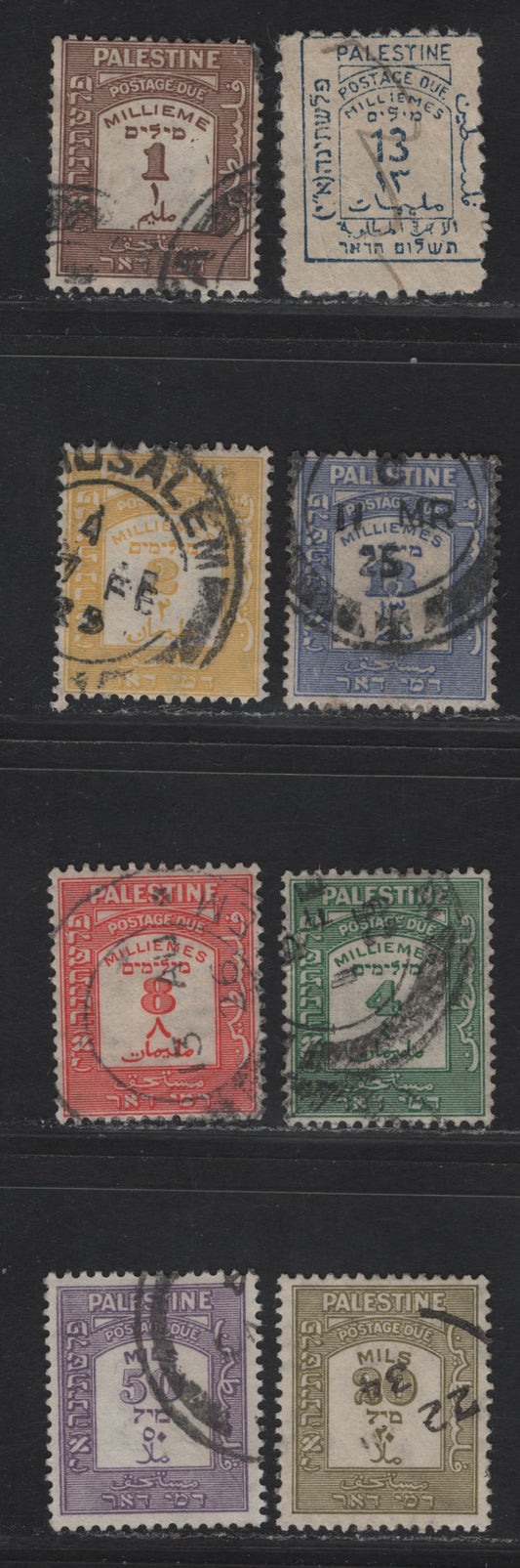 Lot 189 Palestine SG#D5-D10, D19-D20 13m - 50m Steel Blue - Violet Numeral, 1923-1944 Postage Dues, 8 Fine/Very Fine Used Singles, 13m Is Average Centering For This Issue