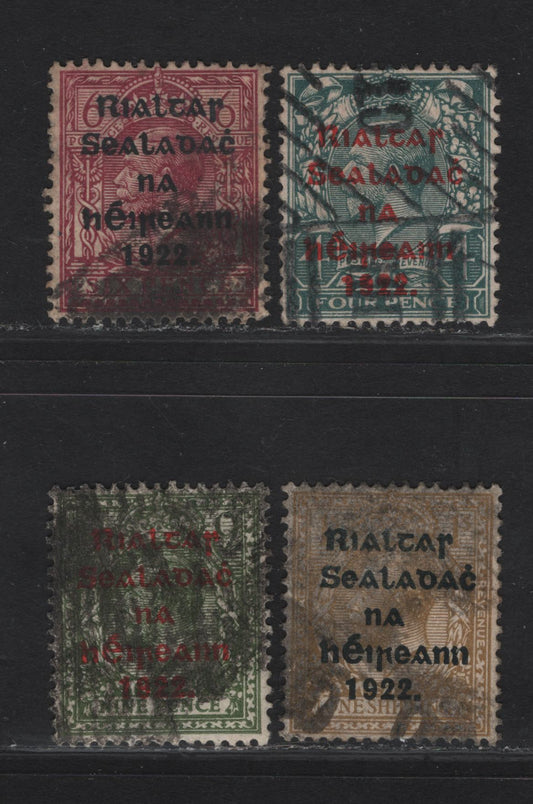 Lot 19 (C) Ireland SG#37, 49, 41, 43 4d - 1/- Gray Green - bistre King George V, 1922 KGV Profile Heads Issue, 4 Fine Used Singles, Blue Black Thom Overprints