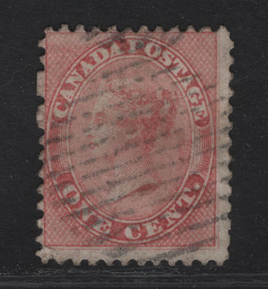 Lot 192 (C) Canada #14iii 1c Rose Queen Victoria, 1859-1864 First Cents Issue, A Fair Used Single, Perf 12x11.75, Thick Paper (Cents B), Nearly Detatched Lower Left Corner, Not Fresh But Presentable.